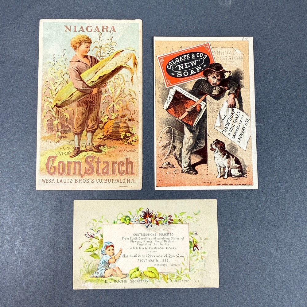 Lot 3 Antique Victorian Trade Cards Colgate Soap Niagara Starch Charleston SC